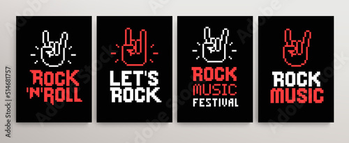 Rock Music Festival and Let's Rock signs in Pixel Art style vector template. Pixelated Rock n roll designs collection for print tee, apparel and poster design. Rock music finger symbols or icons