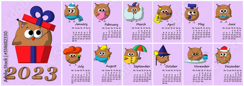 Calendar for 2023 with cute lovery characters Owl