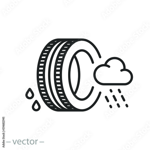 tire safety for rain icon, quality information for rubber, classification car wheel for road slippery, thin line symbol on white background - editable stroke vector illustration