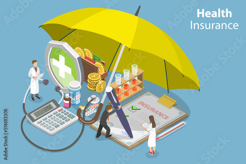 3D Isometric Flat Vector Conceptual Illustration of Health Insurance, Healthcare and Medicine
