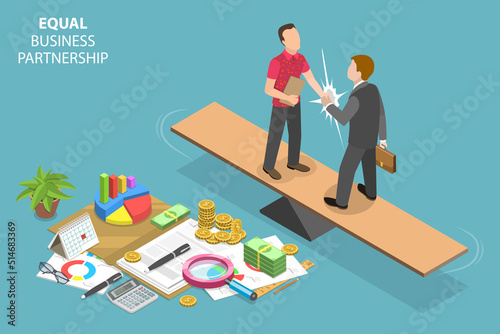3D Isometric Flat Vector Conceptual Illustration of Equal Business Partnership, Contract Signing with Handshake