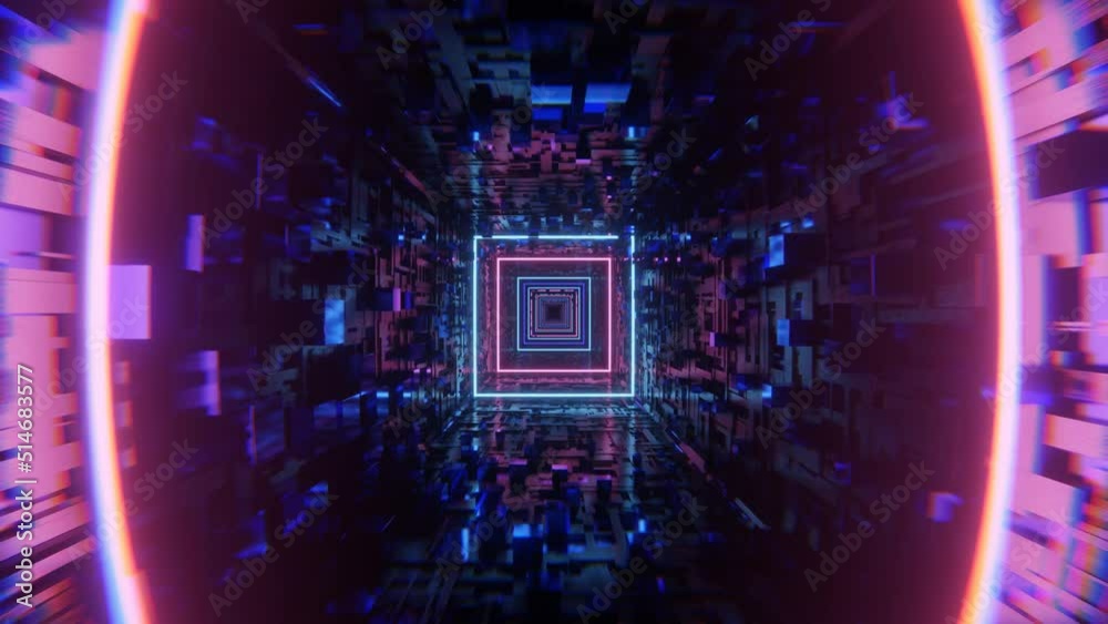looped abstract high-tech tunnel with neon lights, camera flies through tunnel, blue green neon lights flicker. Sci-fi background in the style of cyberpunk or high-tech future. Background