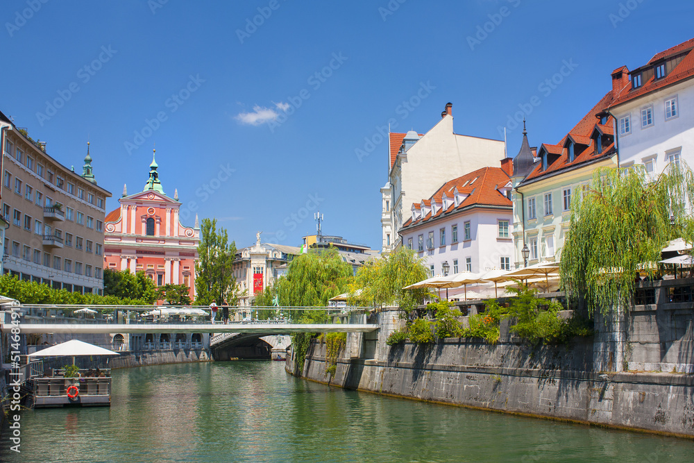 Panorama of river Ljubljanica and colorful buildings in Ljubljana, Slovenia	