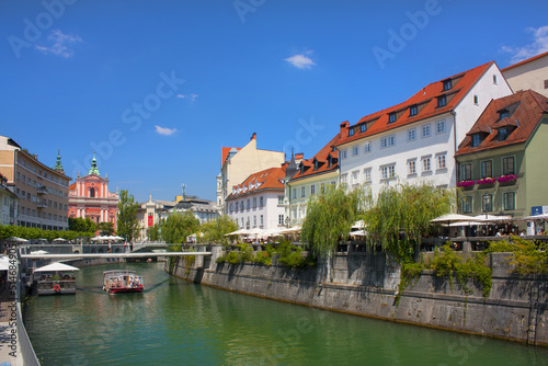 Panorama of river Ljubljanica and colorful buildings in Ljubljana, Slovenia