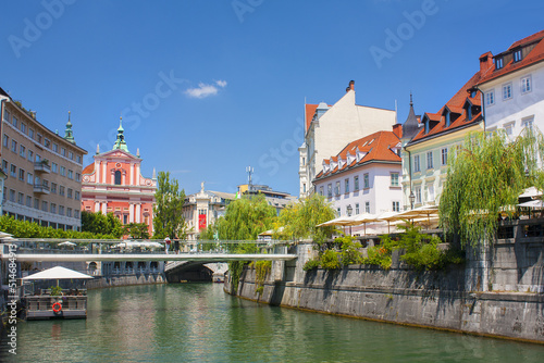 Panorama of river Ljubljanica and colorful buildings in Ljubljana, Slovenia 