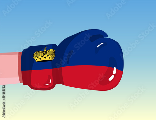Flag of Liechtenstein on boxing glove. Confrontation between countries with competitive power. Offensive attitude. Separation of power. Template ready design.