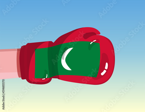 Flag of Maldives on boxing glove. Confrontation between countries with competitive power. Offensive attitude. Separation of power. Template ready design.