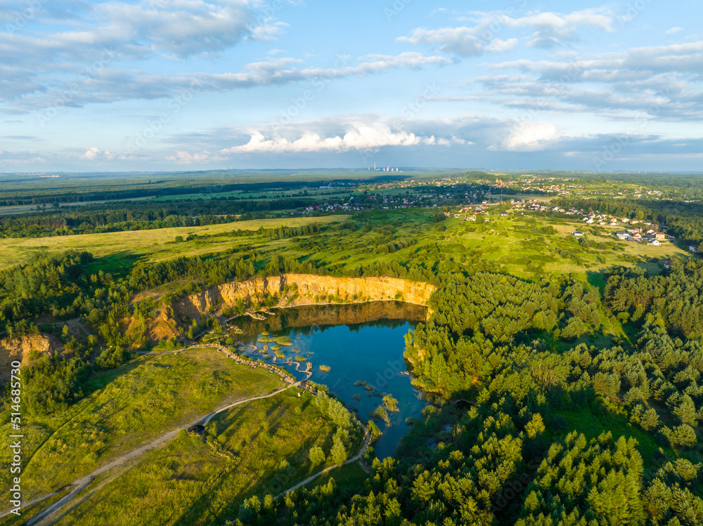 Turquiose Water and Wooden Bridge. Aerial Landscape. Park Grodek in Jaworzno, Poland. Polish Maldives.