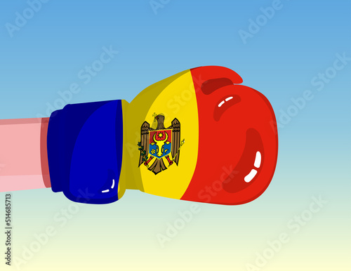 Flag of Moldova on boxing glove. Confrontation between countries with competitive power. Offensive attitude. Separation of power. Template ready design.