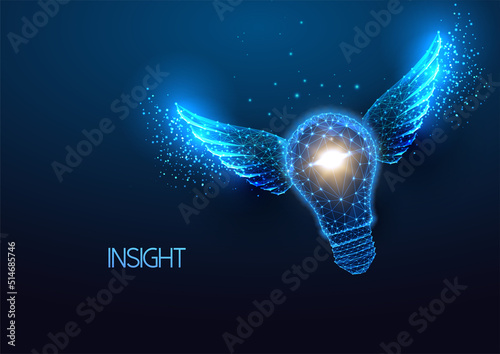 Concept of insight, aha moment with flying lightbulb in futuristic glowing low poly style on blue 
