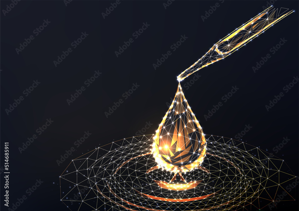 Abstract glowing cosmetic pipette with drops of cosmetic oil on black backgound. Abstract glowing cosmetic pipette with drops of cosmetic oil on black backgound.