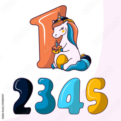Greeting card with unicorn and number for childrens biirthday party