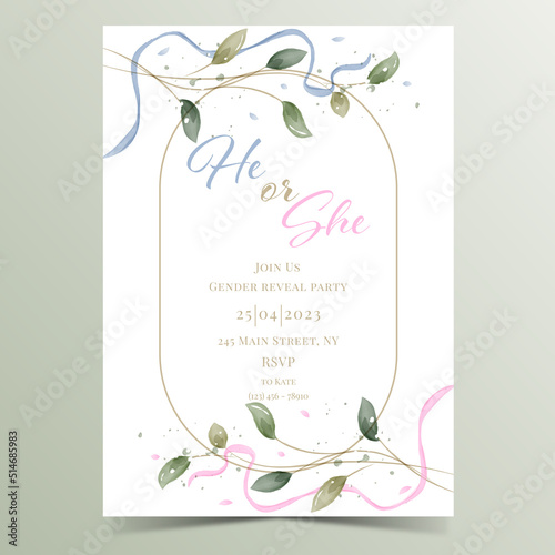 Invitation for gender reveal party in rustic style. Greenery Watercolor Floral template card design. He or she.