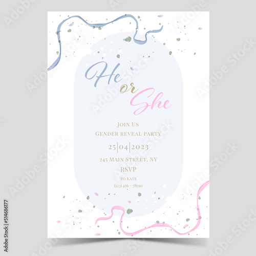 Invitation for gender reveal party in rustic style. Greenery Watercolor Floral template card design. He or she.