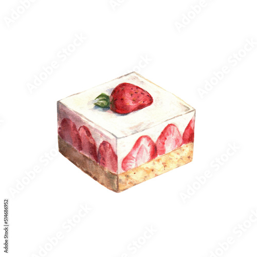 Strawberry mousse and sponge cake isolated on white. Hand painted watercolor.Delicious food illustration. Clipart.