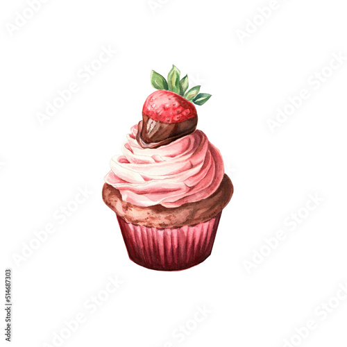 Chocolate covered strawberry cupcake isolated on white. Hand painted watercolor.