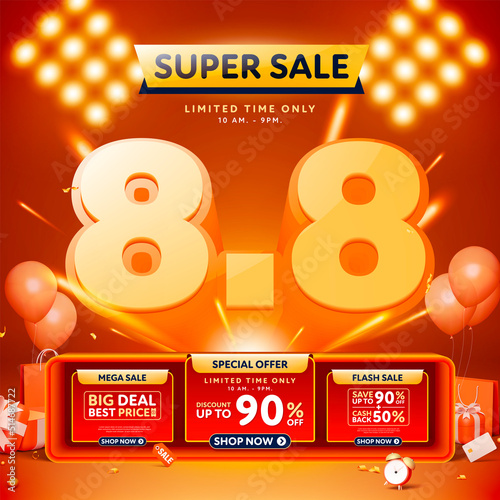 8.8 3D super sale banner template design for web or social media.