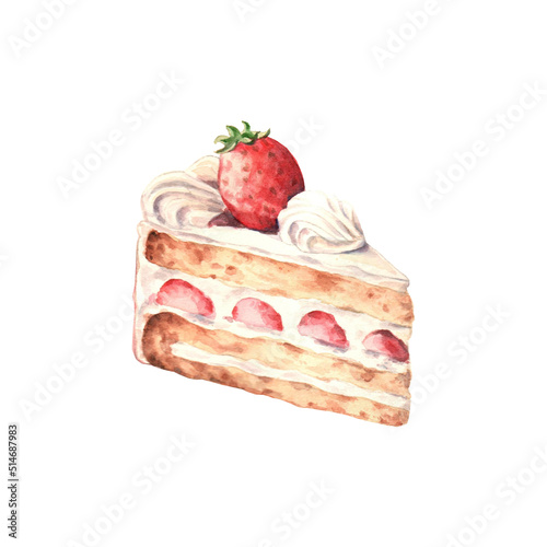 A piece of strawberry cake with cream isolated on white. Hand painted watercolor. Delicious food illustration. Clipart.