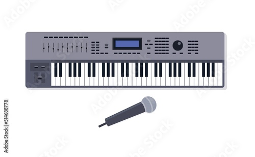 Digital piano synthesizer and microphone. Vector flat illustration.