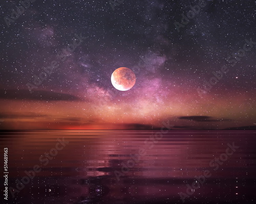 moon on  lilac blue  dark starry sky at  night at sea water wave reflection nebula milky way cosmic background 