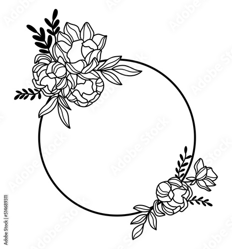 Outline peony wreath. Line art florals wreath vector illustration