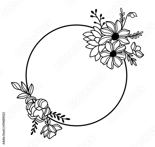 Line art wildflowers bouquets wreath. Outline florals round frame vector illustration