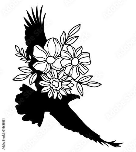 Wildflowers eagle silhouette. Celestial mystical florals bird vector illustration