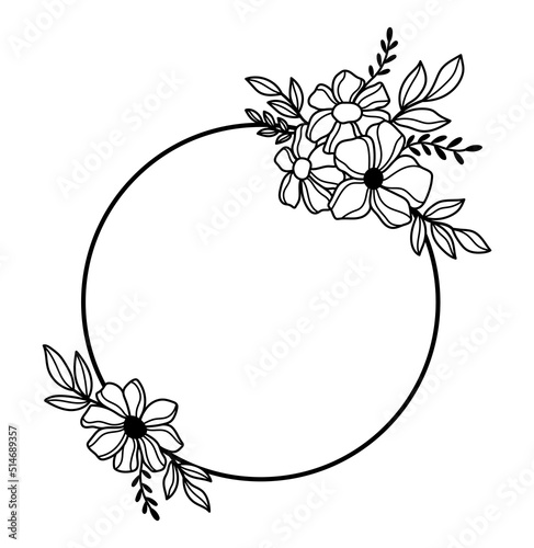 Wildflowers wreath. Outline florals round frame vector illustration