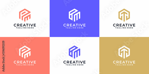 Set of abstract clever hexagon logo icon design