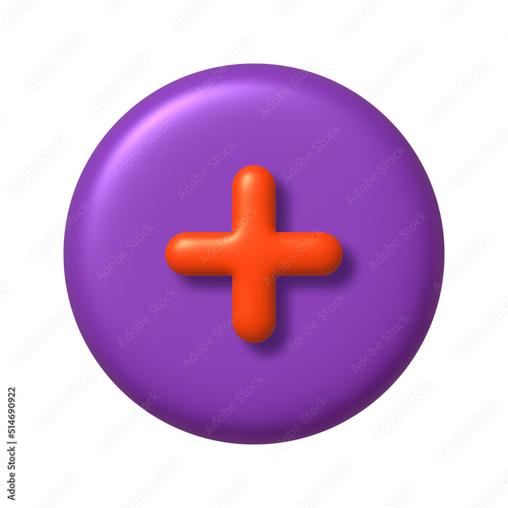 Obraz premium Math 3D icon. Orange arithmetic plus sign on purple round button. 3d realistic design element.