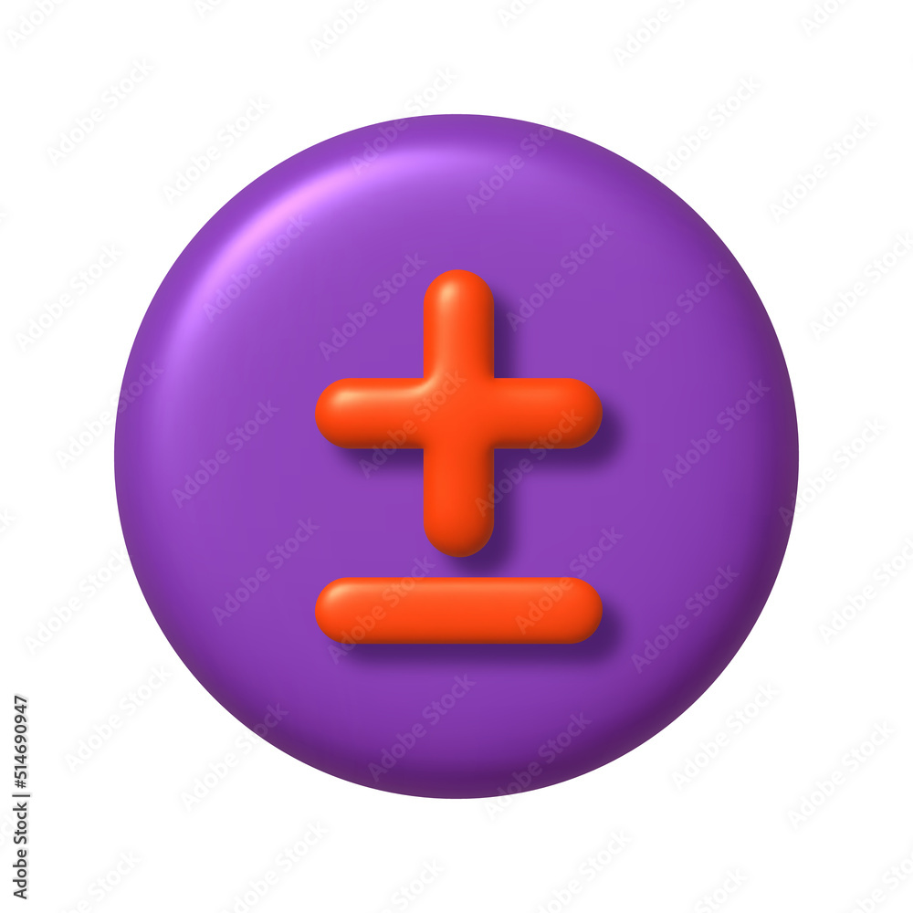 Fototapeta premium Math 3D icon. Orange arithmetic plus and minus signs on purple round button. 3d realistic design element.