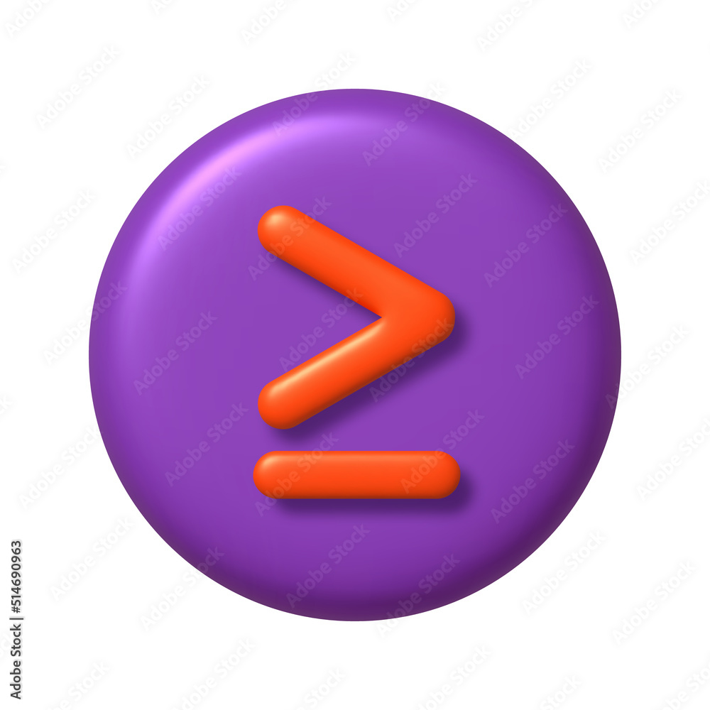 Math 3D icon. Orange arithmetic greater than or equal sign on purple round button. 3d realistic design element. Math 3D icon. Orange arithmetic greater than or equal sign on purple round button. 3d realistic design element.
