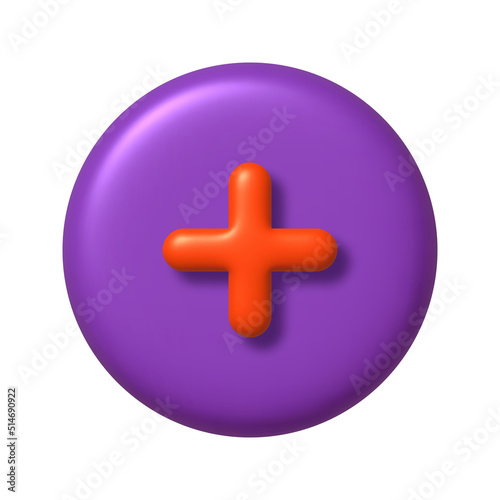 Math 3D icon. Orange arithmetic plus sign on purple round button. 3d realistic design element.