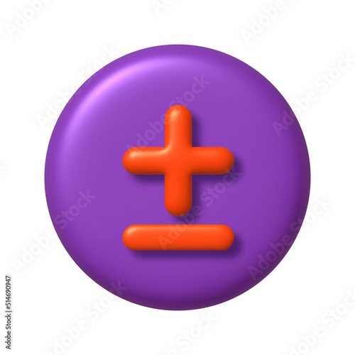 Math 3D icon. Orange arithmetic plus and minus signs on purple round button. 3d realistic design element.