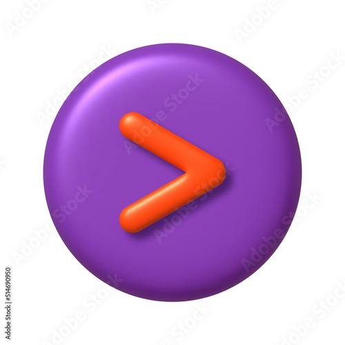 Math 3D icon. Orange arithmetic greater than sign on purple round button. 3d realistic design element. photo