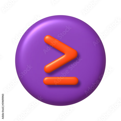 Math 3D icon. Orange arithmetic greater than or equal sign on purple round button. 3d realistic design element.