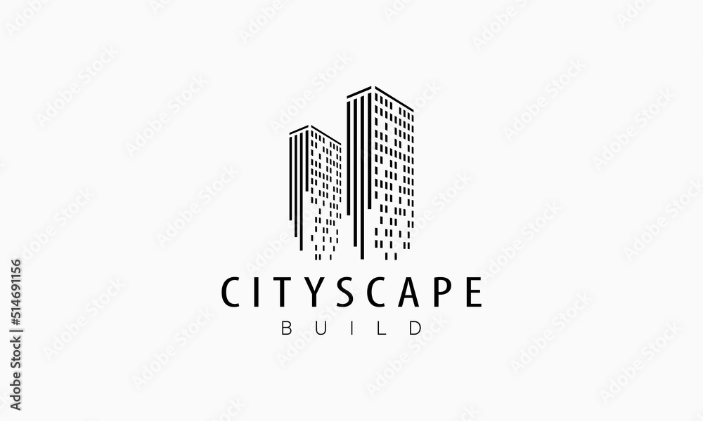 Dispersed building vector logo with disintegration effect. Square pixels are arranged into dissipated building. Design for modern building, cityscape, skyscraper and city skyline.