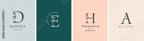Collection of Botanical Minimalistic, Initial, Letter Feminine Logos with Organic Plant Elements