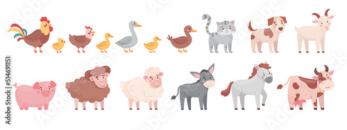 Farm animals in cartoon style. Set of cute animals and poultry: cow, sheep, donkey, horse, pig, cat, dog. Vector flat illustrations.