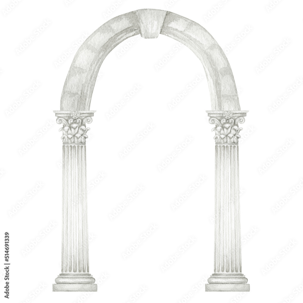 Watercolor antique arch with column corinthian order, Ancient Classic