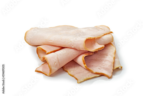 Thin smoked ham slices on white background