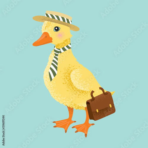 A duckling in a school uniform holds a bag. Vector illustration