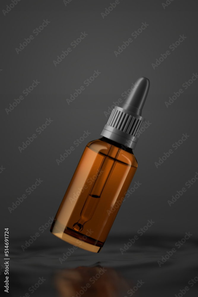 Naklejka premium Amber glass bottle with a pipette inside on a dark background. 3d render.