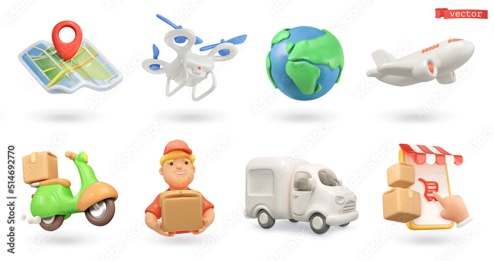 Delivery icons 3d vector set. Map, drone, earth, aircraft, motorcycle, delivery man, truck, online store - obrazy, fototapety, plakaty 