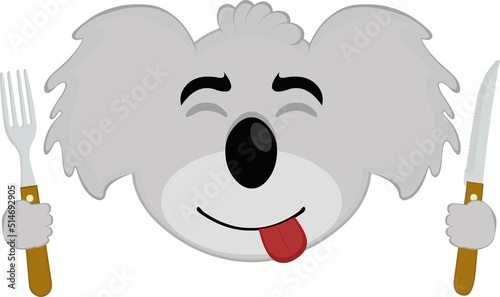 Vector illustration of the face of a koala cartoon with a knife and fork in the hands
