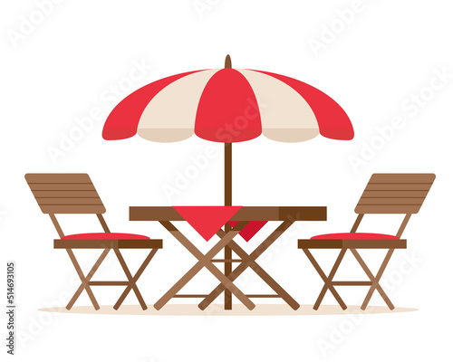 Furniture for summer patio holiday. Restaurant or cafe wooden table with chairs and beach umbrella. Vector illustration isolated on white background.