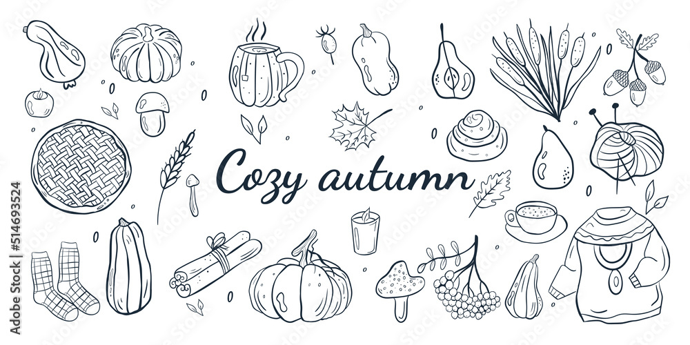 Cute autumn set of doodles cozy autumn with pumpkins, acorns, mushrooms, pie, pear, reeds, sinabon, mushrooms, cinnamon, sweater, socks. Hand-drawn vector illustration for greeting cards