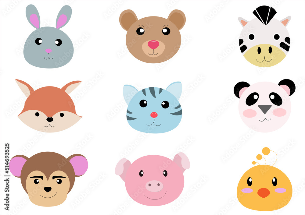 Naklejka premium Set of animal heads collection.Characters portrait cute animal faces on white background.portraits, Emoji funny animal, Logo, sticker,Kawaii,Vector Funny cartoon and animal heads concept.