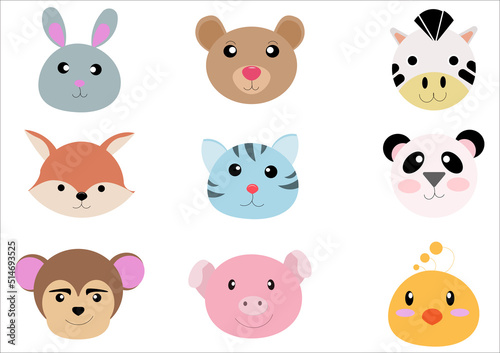 Set of animal heads collection.Characters portrait cute animal faces on white background.portraits, Emoji funny animal, Logo, sticker,Kawaii,Vector Funny cartoon and animal heads concept.