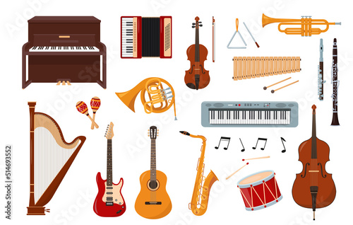 Big Set of musical instruments and notes. Music instrument icons isolated on white background. Vector illustration in flat or cartoon style.